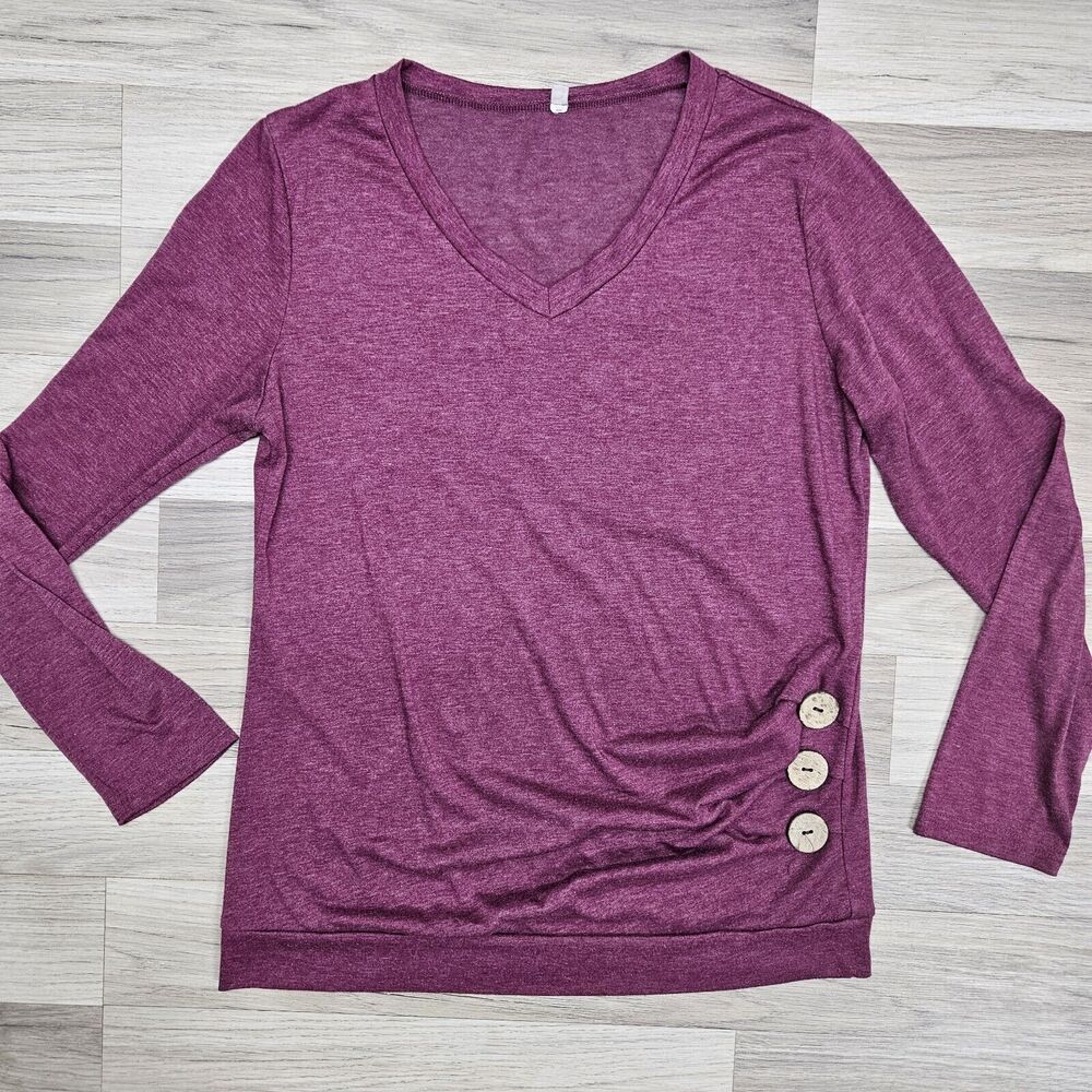 Womens Maroon V-Neck Longsleeve Shirt Button Detail Medium